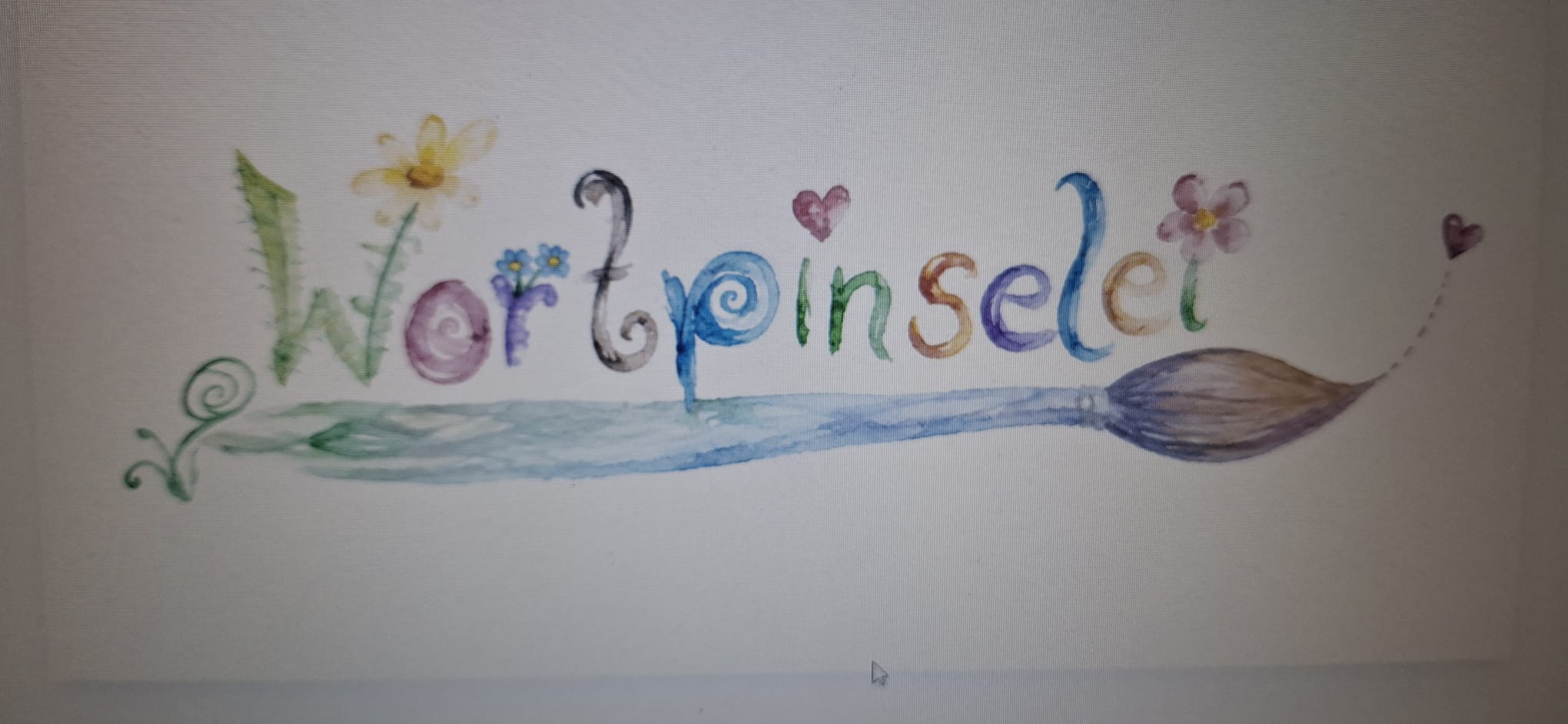 Handgemaltes Wortpinselei-Logo mit Blumen, Herzen und Pinsel